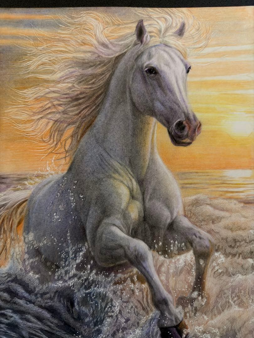 色鉛筆画 A4 波を越える白馬