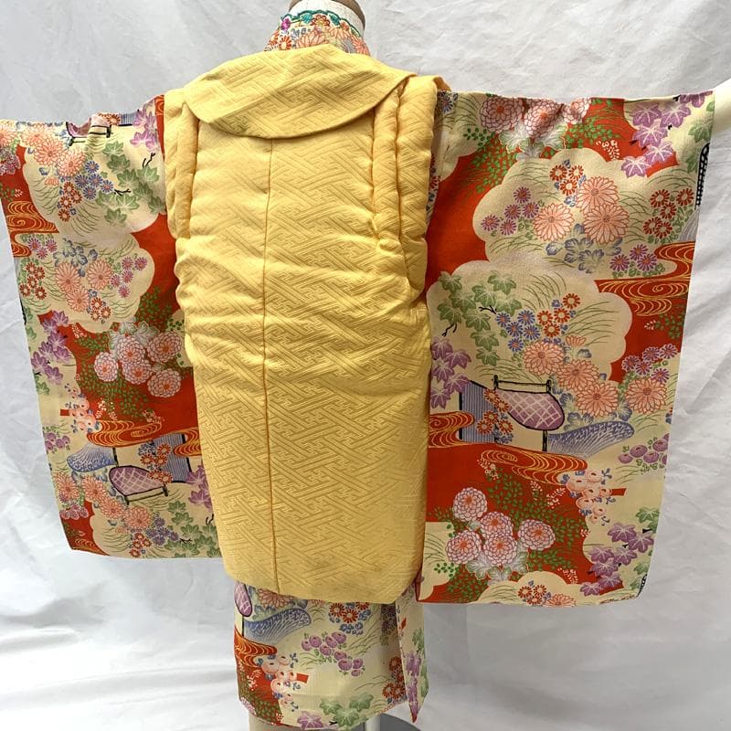 602ag52□七五三 三歳 セミアンティーク 女児 着物&被布 菊□状態良好