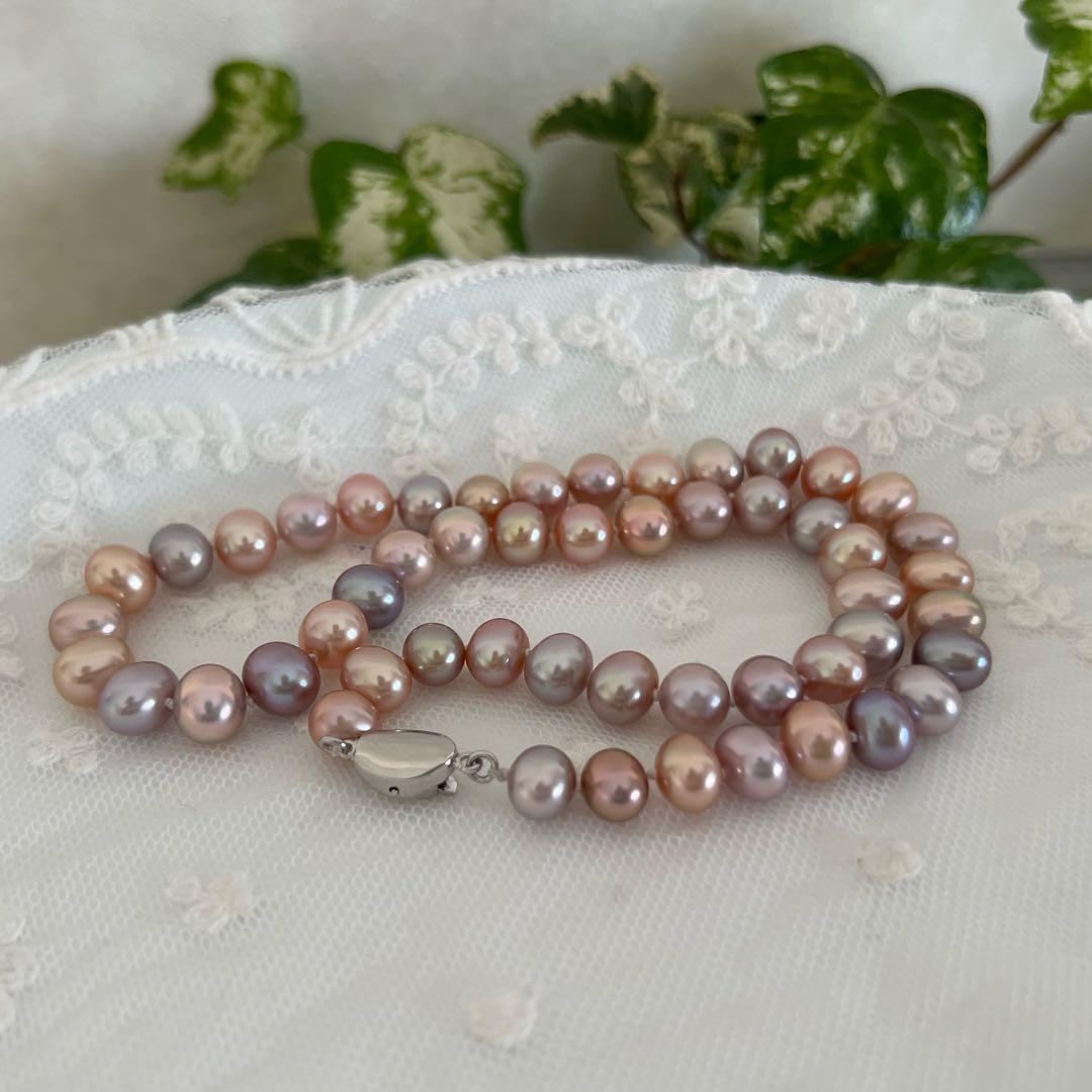 淡水パールネックレス　マルチカラーパール　メタリックカラー　ポテト無核淡水パール