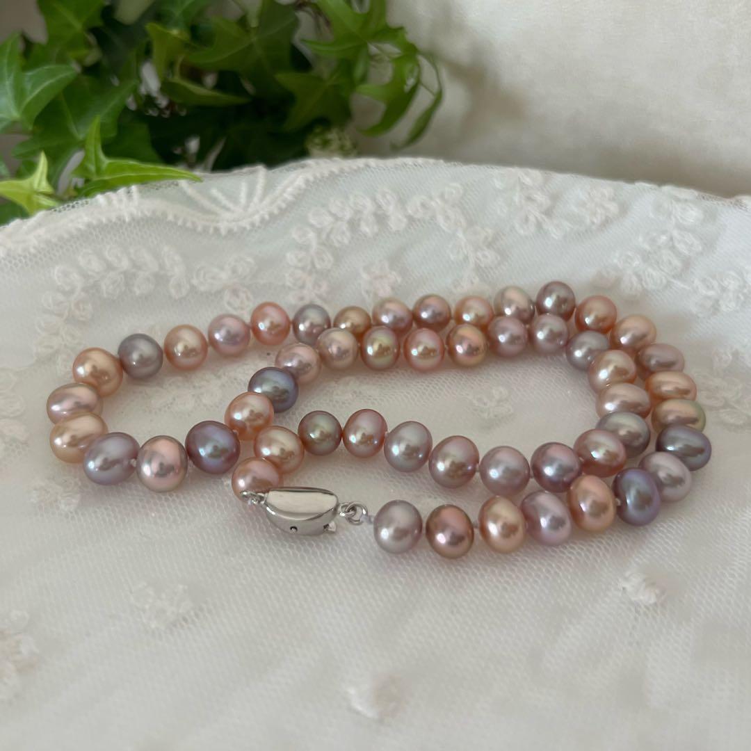 淡水パールネックレス　マルチカラーパール　メタリックカラー　ポテト無核淡水パール