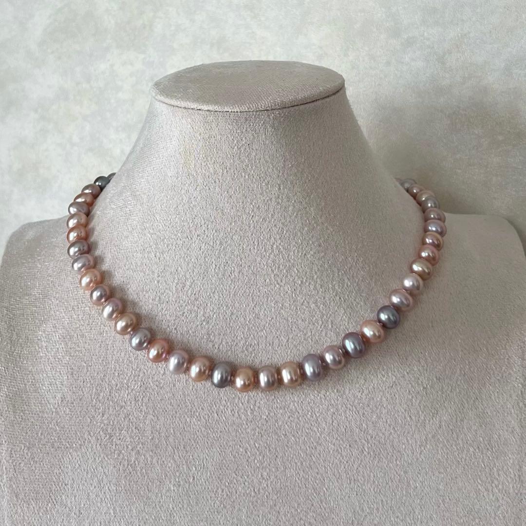 淡水パールネックレス　マルチカラーパール　メタリックカラー　ポテト無核淡水パール