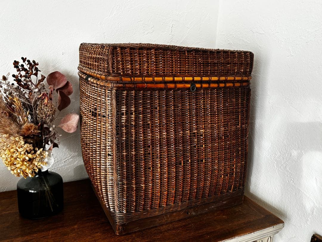 大正時代　特大かご　蓋付き　収納　アンティーク　骨董