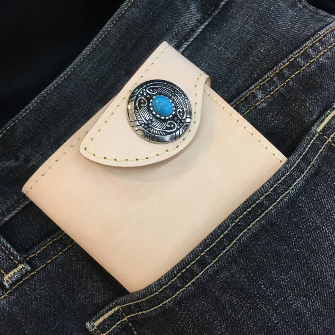 本革レザー ハーフサイズ コンチョ財布 メンズ ミニ コンパクト 無染色 ヌメ革