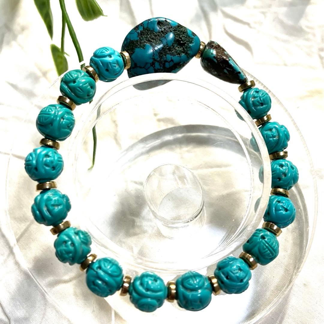 一点物 ビンテージ ターコイズ 彫刻珠 ブレスレット 内周17cm アンティーク