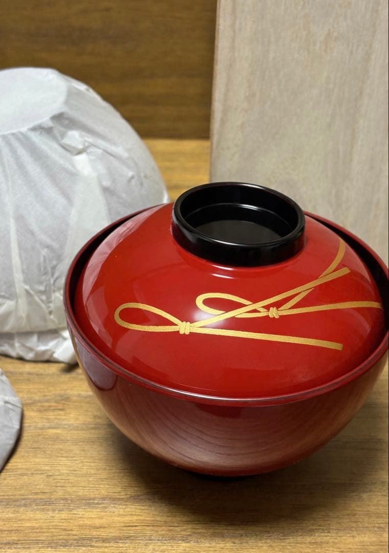 会津塗 吸物椀 朱 結び松葉 5客