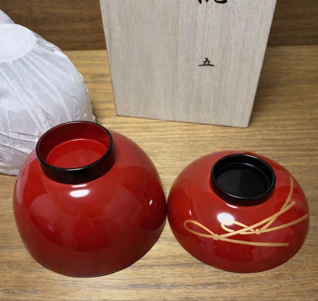 会津塗 吸物椀 朱 結び松葉 5客