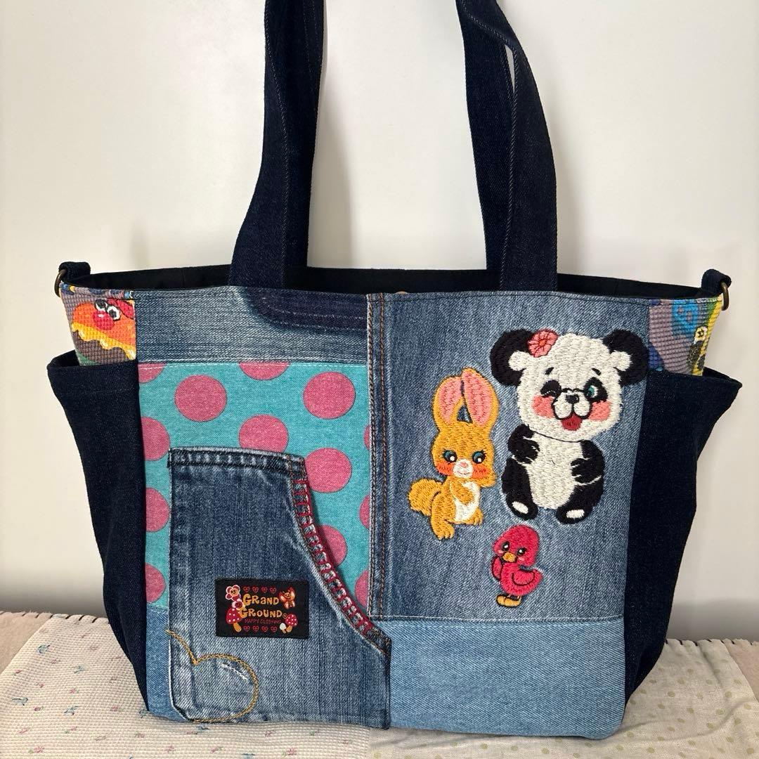 デニムトートバッグ　フクロウ　刺繍