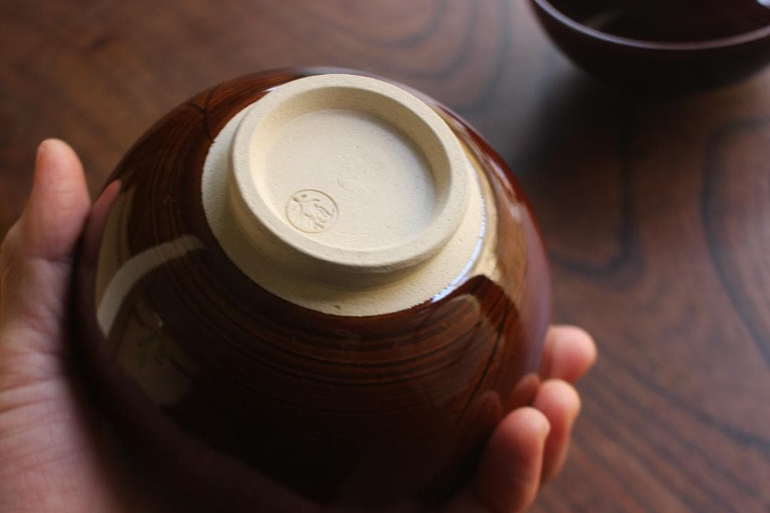 デッドストック！深みある飴釉の美しい大樋長左衛門作の夫婦碗（検大樋焼お茶碗