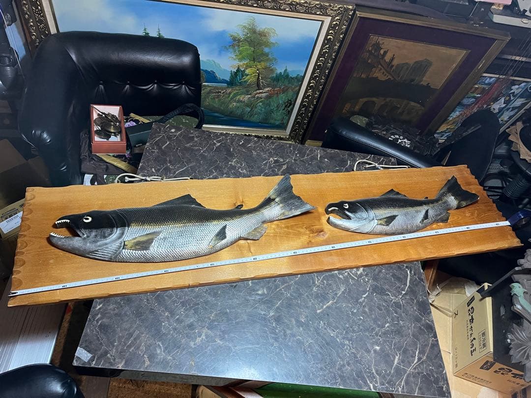 木彫り鮭、鮭木彫り、アイヌ木彫り、自在鉤、鮭横木、壁掛け、居酒屋