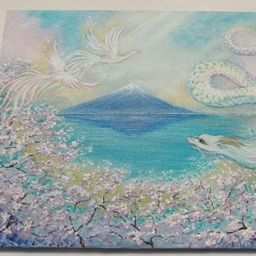 No.482 F4キャンバス　開運絵画　龍と鳳凰　龍神様　桜　富士山　鳳凰