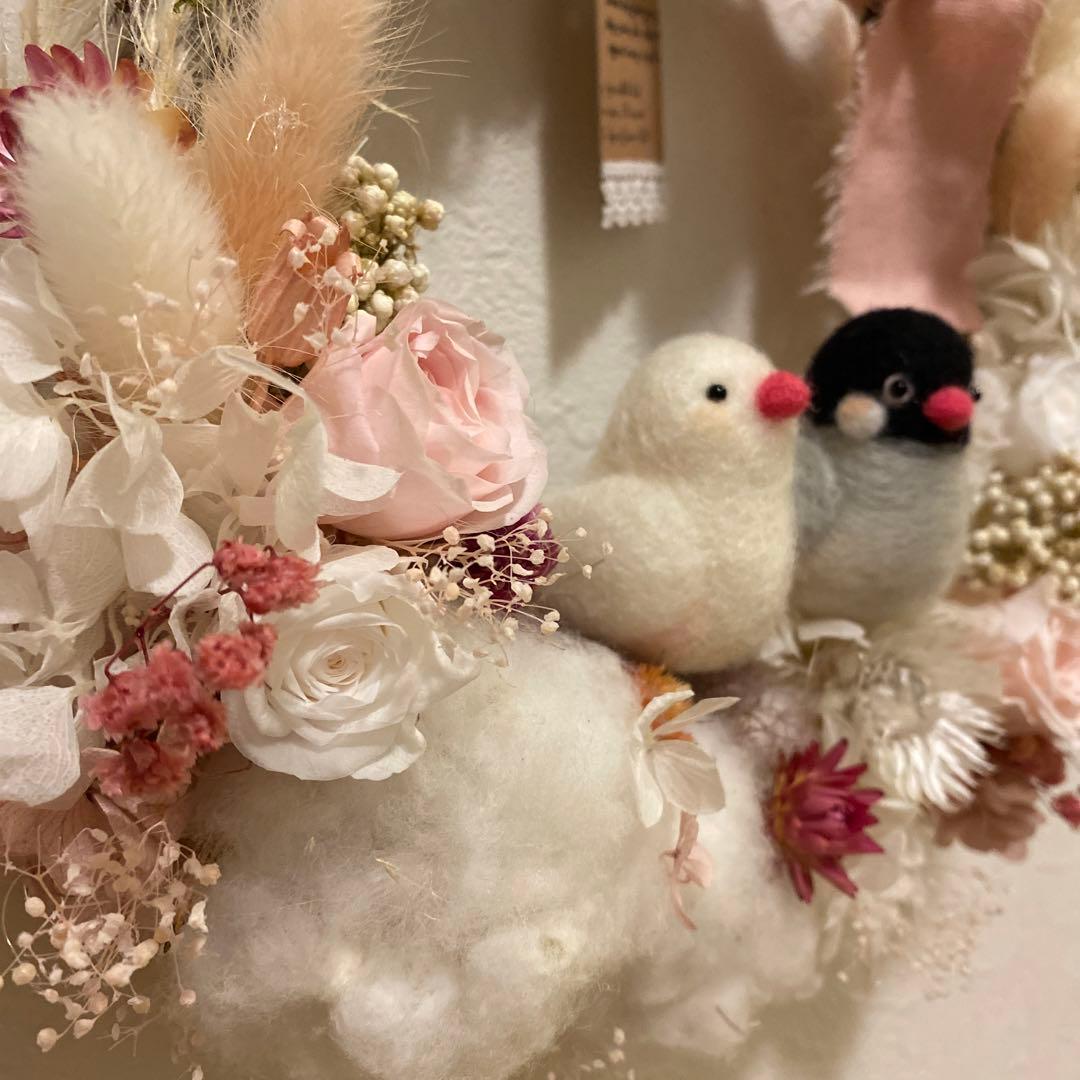 フラワーリース&羊毛フェルト文鳥さん