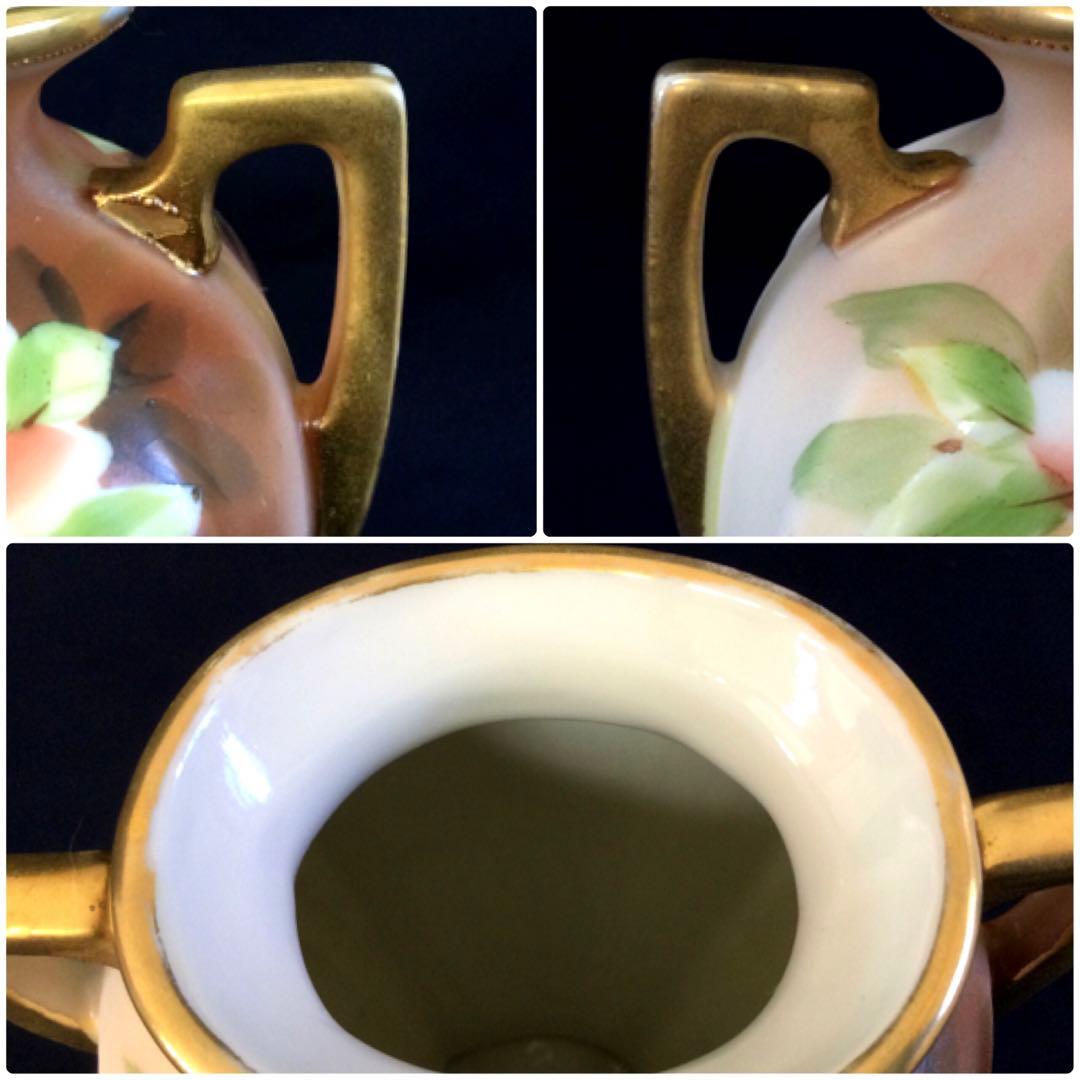 オールドノリタケ ハンドペイント 金彩華絵 耳付花瓶 アンティーク K635