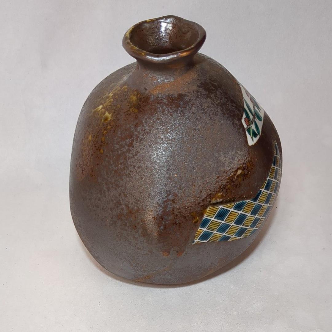 九谷焼 九谷一茂 鉄釉色絵花瓶 加賀伝統工芸 五彩 落款あり ヴィンテージ美品