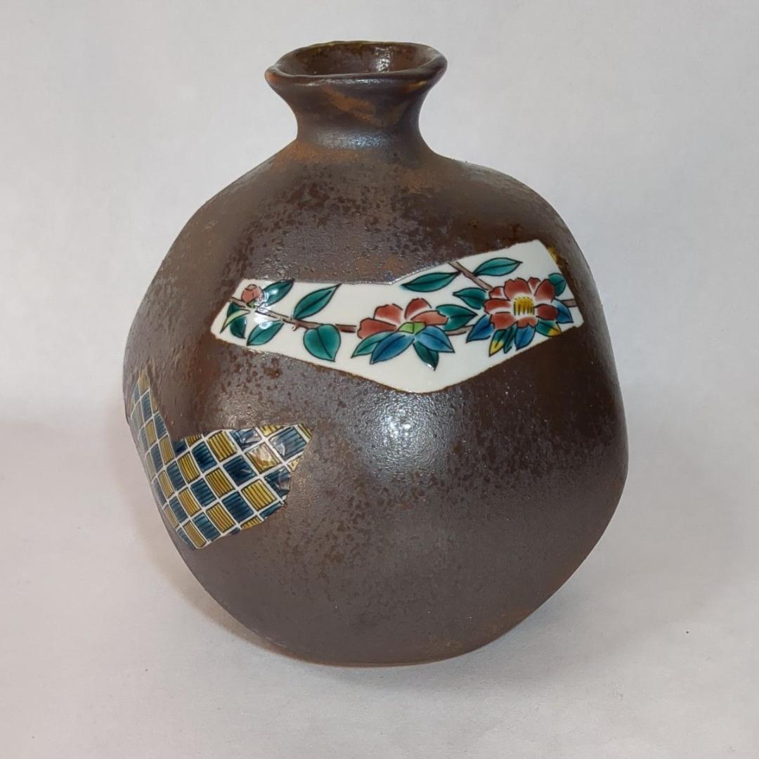 九谷焼 九谷一茂 鉄釉色絵花瓶 加賀伝統工芸 五彩 落款あり ヴィンテージ美品