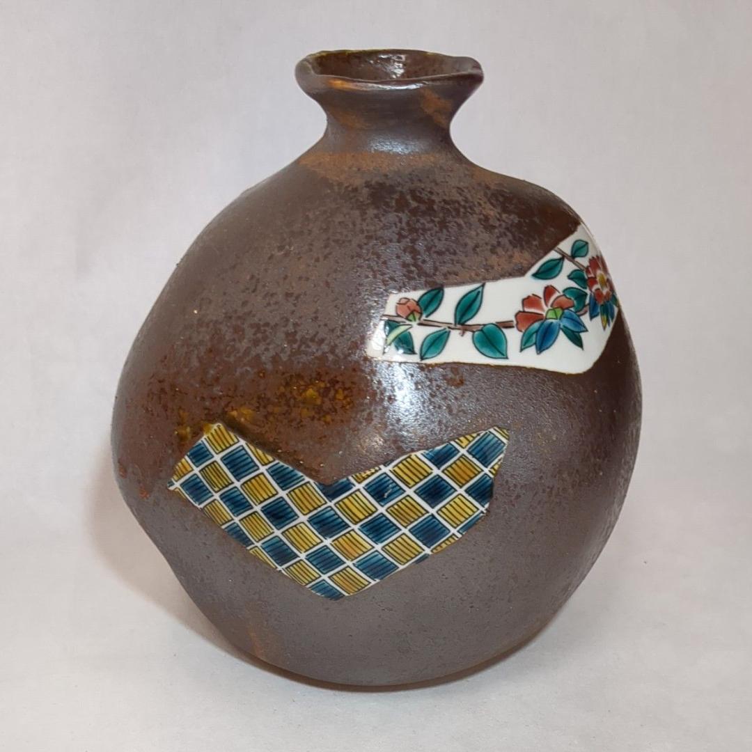 九谷焼 九谷一茂 鉄釉色絵花瓶 加賀伝統工芸 五彩 落款あり ヴィンテージ美品
