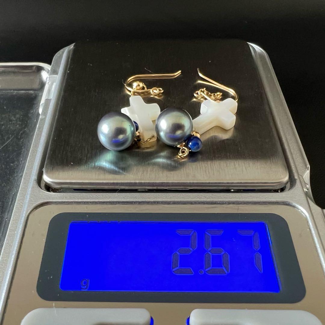 K18YGピアス 染めアコヤパール ラピス シェル クロス モチーフ ネックレス