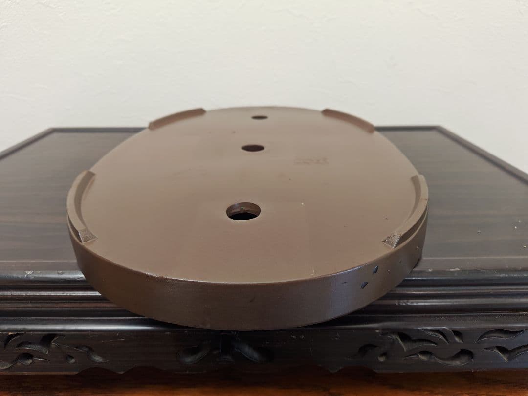 陶器製楕円形盆栽鉢 ブラウン 約45cm ×29cm×3.5cm薄型　落款　積徳