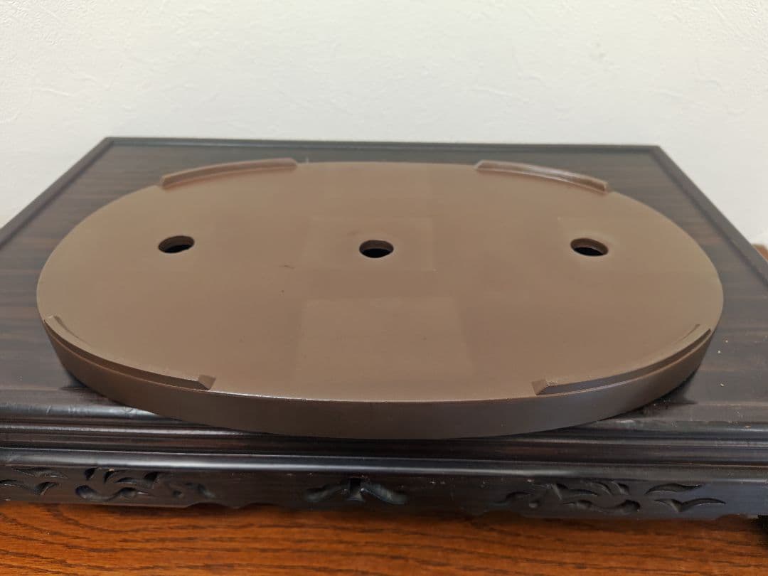 陶器製楕円形盆栽鉢 ブラウン 約45cm ×29cm×3.5cm薄型　落款　積徳