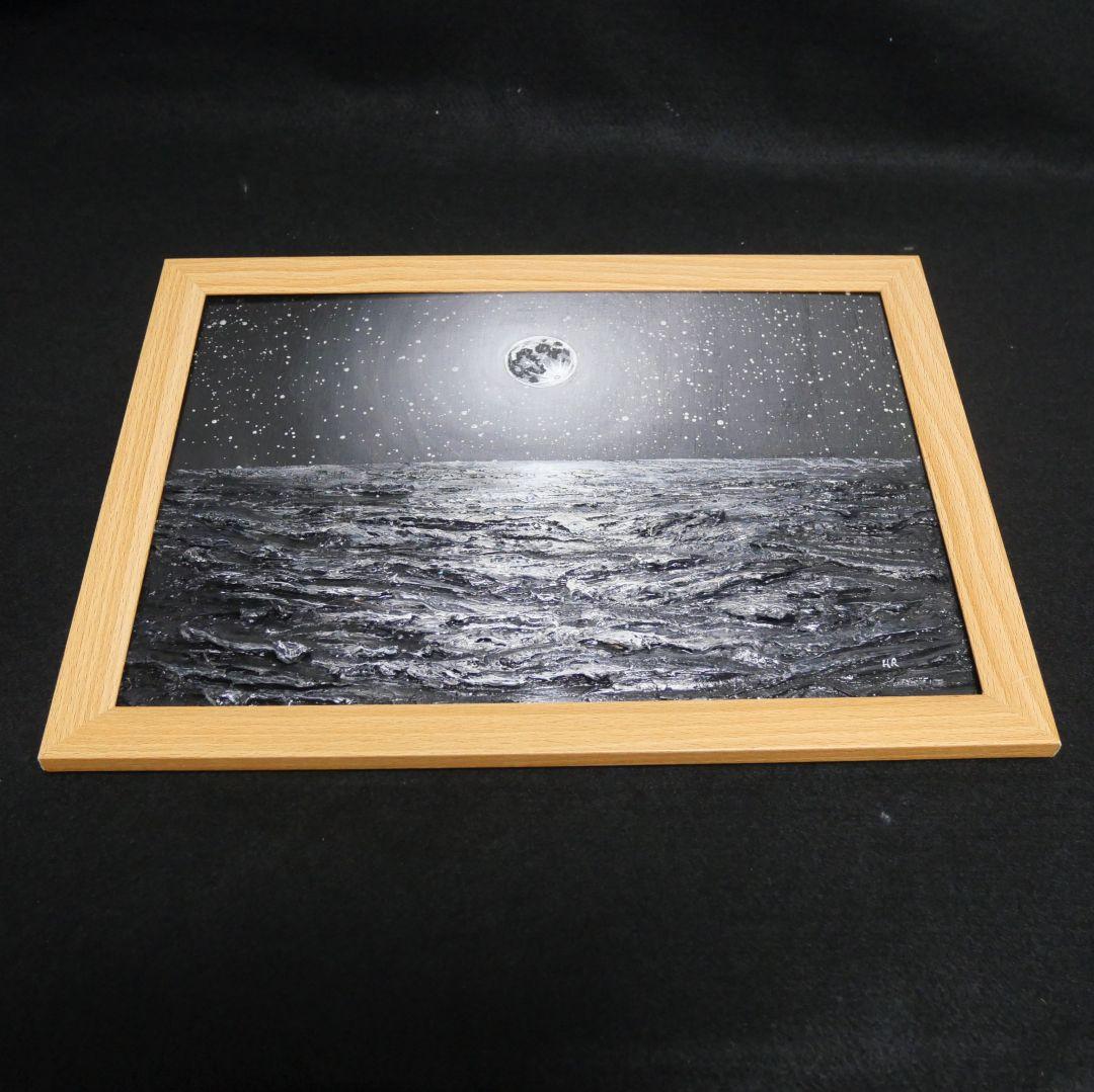 油絵 油彩 油彩画 絵 絵画 【白黒の満月と星空の海】