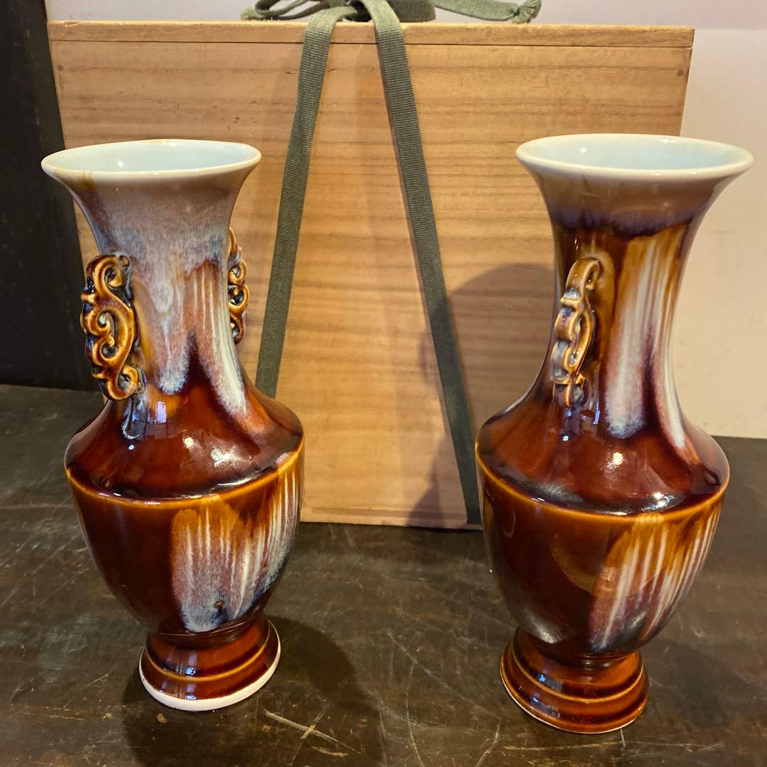 中国耳付花瓶一対【桐箱付】