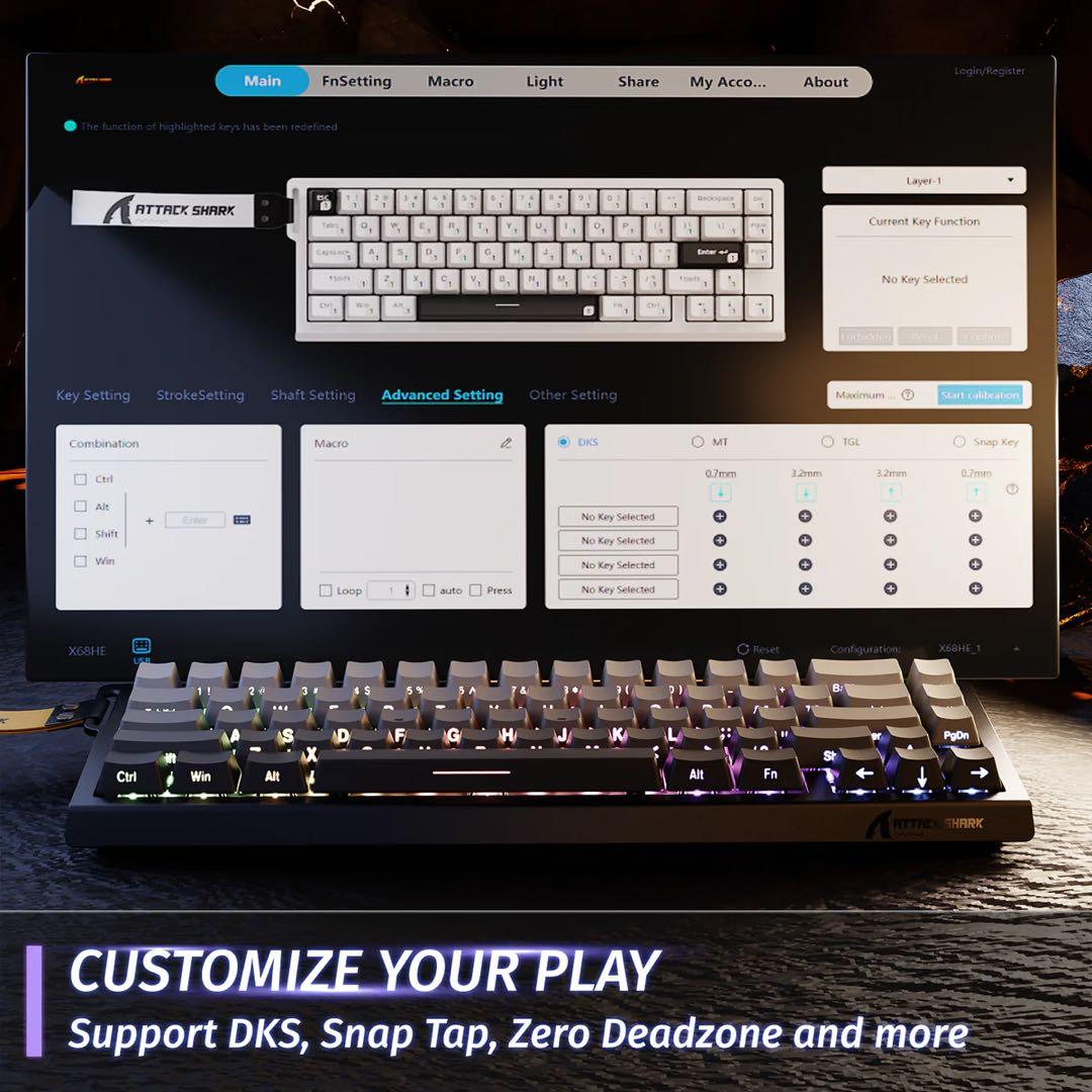 ATTACKSHARK X68HE 磁気スイッチ ラピッドトリガーキーボード黒灰