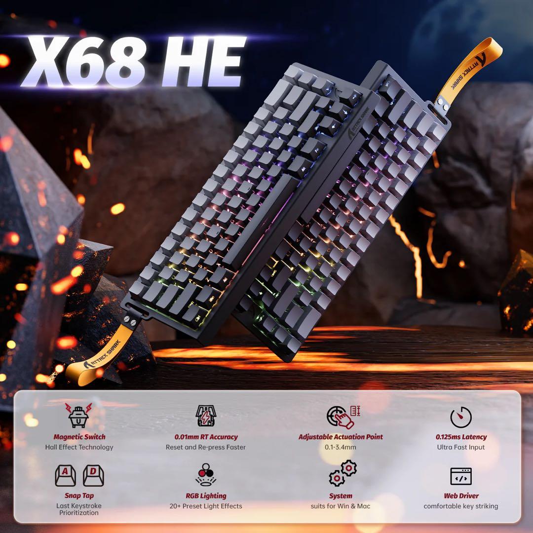 ATTACKSHARK X68HE 磁気スイッチ ラピッドトリガーキーボード黒灰