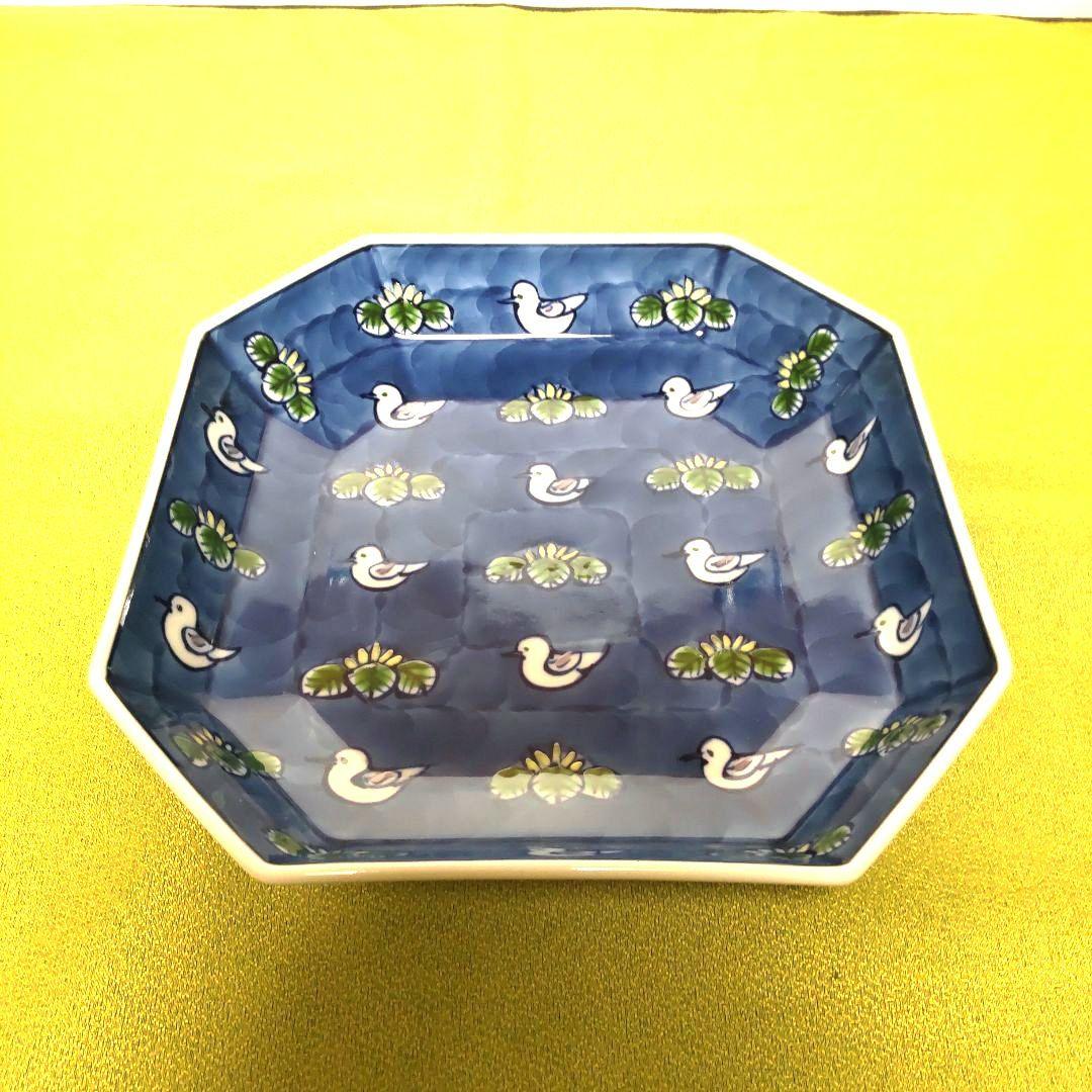 源右衛門窯 染錦 水鳥図 方皿 鳥 角皿 隅切 八角皿 未使用品