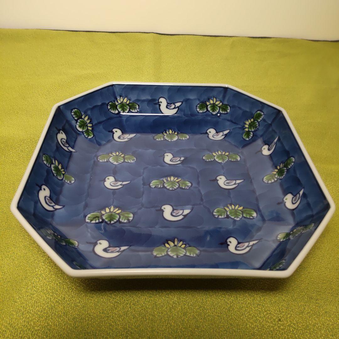 源右衛門窯 染錦 水鳥図 方皿 鳥 角皿 隅切 八角皿 未使用品