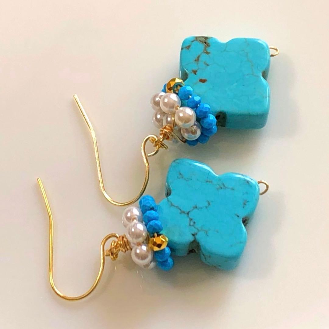 天然石☆大粒マグネサイトターコイズ・きらり金の一粒ピアス14kgf