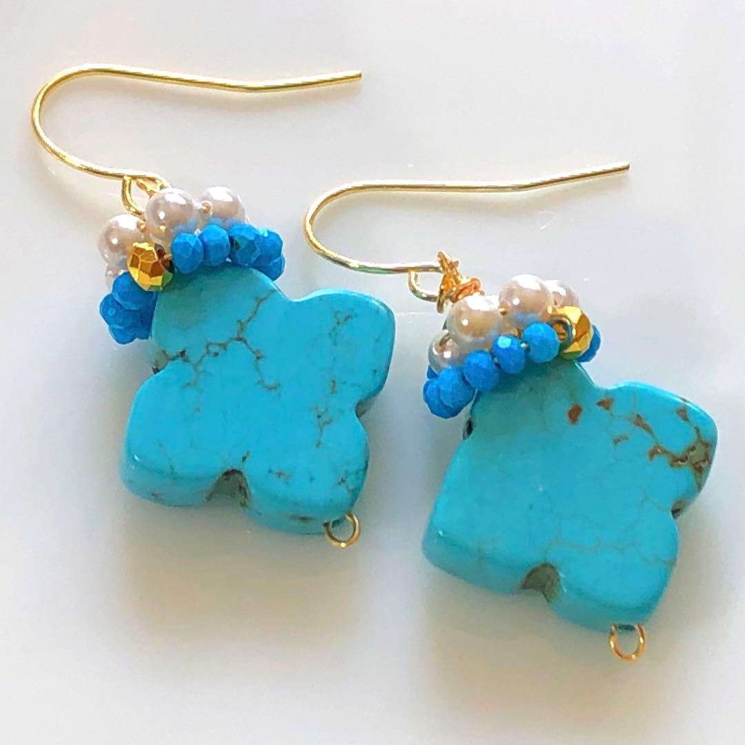 天然石☆大粒マグネサイトターコイズ・きらり金の一粒ピアス14kgf