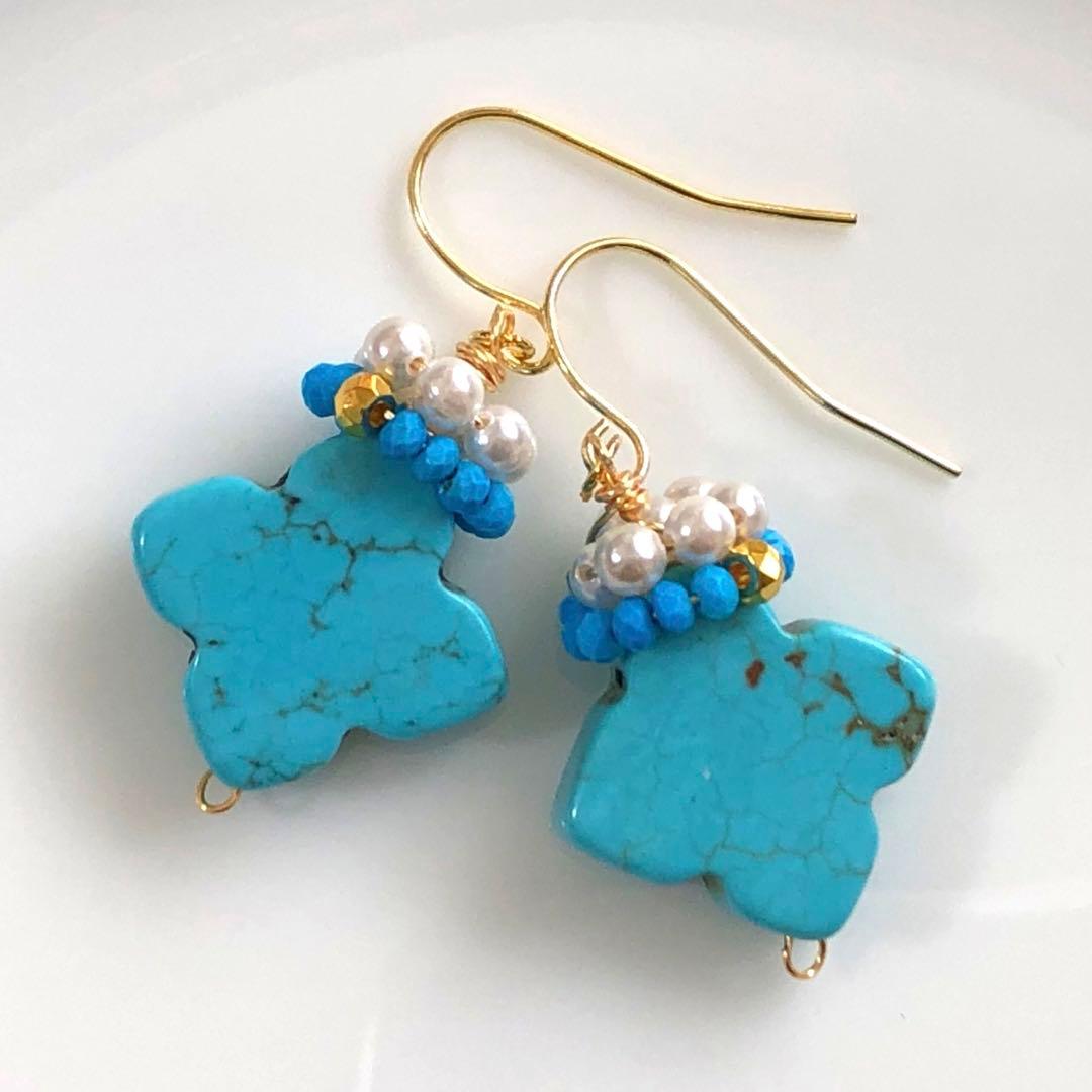 天然石☆大粒マグネサイトターコイズ・きらり金の一粒ピアス14kgf