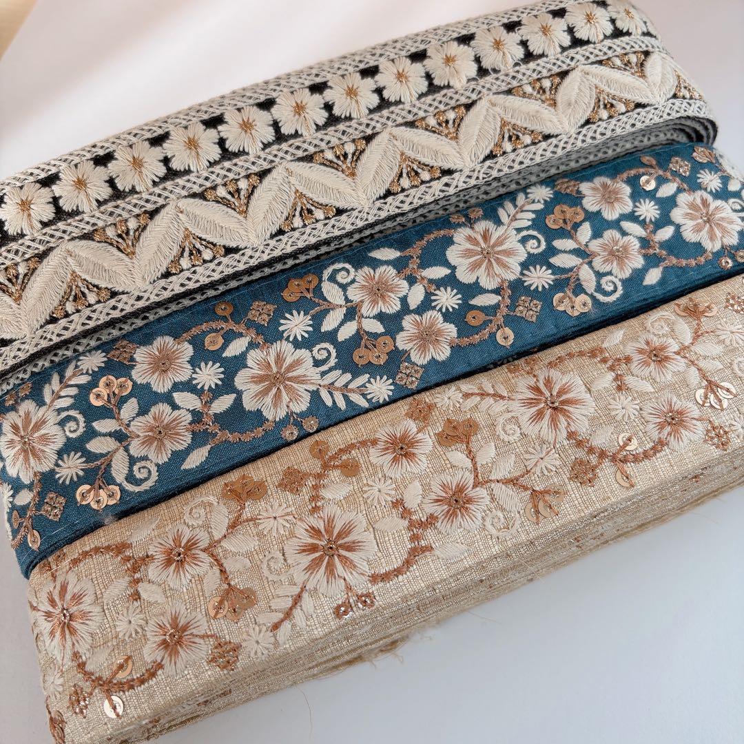 インド刺繍リボン　まるまる3ロールセット！　限定価格　黒×青×白