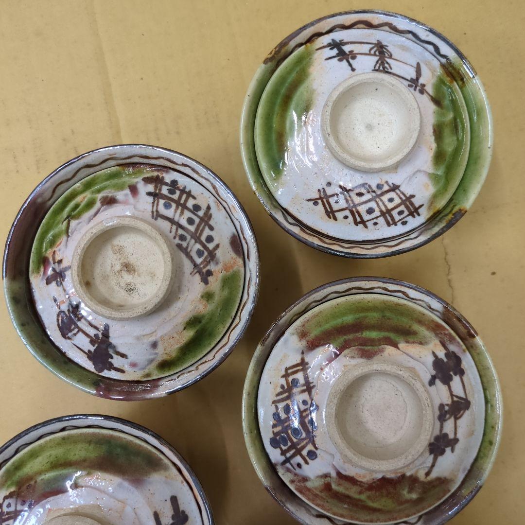 平川清　骨董　茶碗　織部　桐の花　蓋付き　陶器　8つ〜