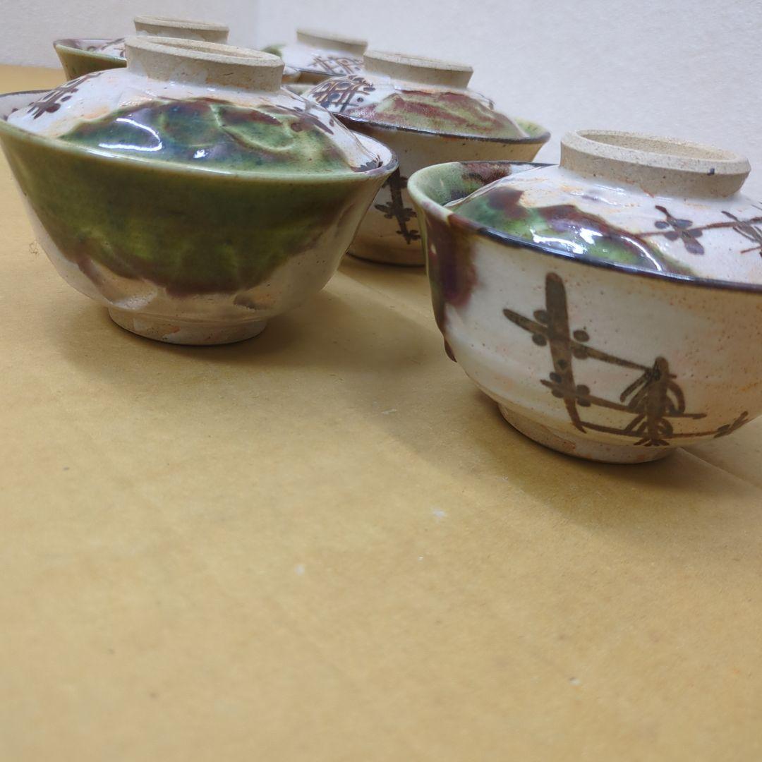 平川清　骨董　茶碗　織部　桐の花　蓋付き　陶器　8つ〜