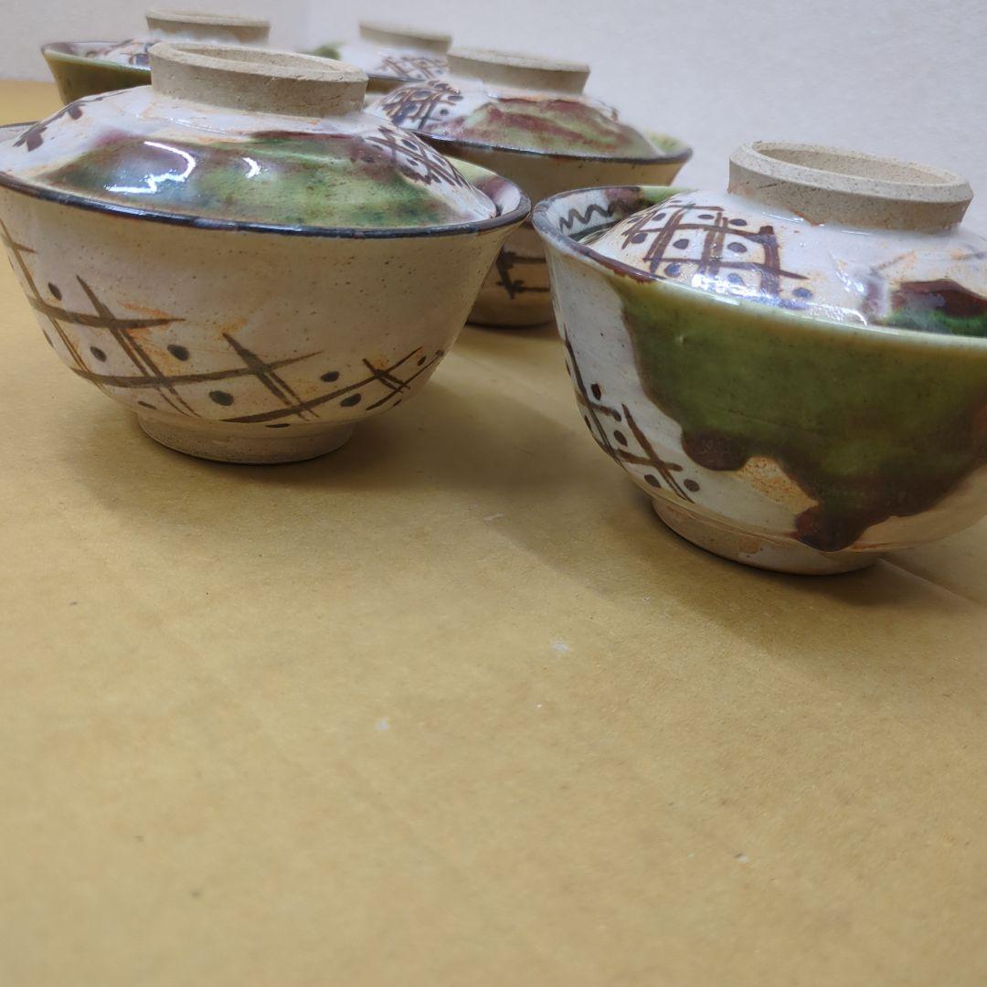 平川清　骨董　茶碗　織部　桐の花　蓋付き　陶器　8つ〜