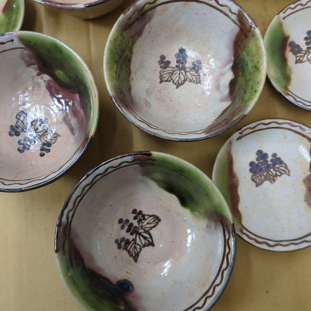 平川清　骨董　茶碗　織部　桐の花　蓋付き　陶器　8つ〜