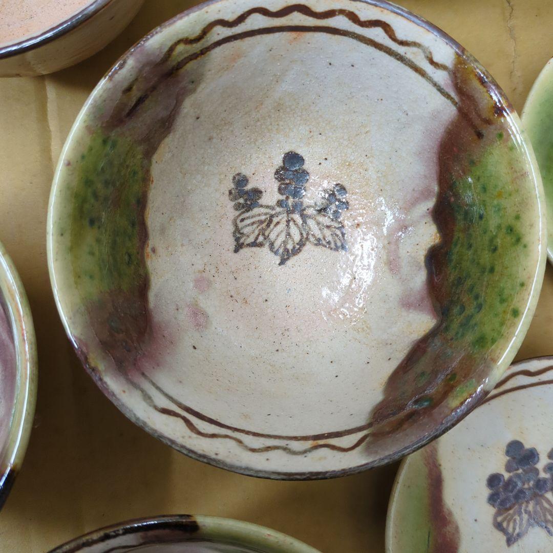 平川清　骨董　茶碗　織部　桐の花　蓋付き　陶器　8つ〜