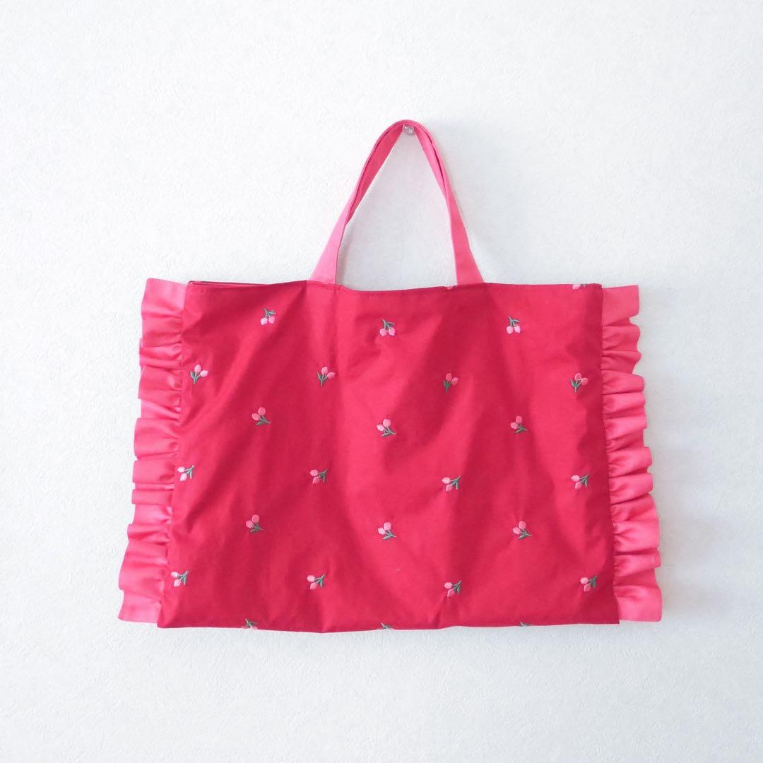 ラスト1【入園準備グッズ】　さくらんぼ刺繍柄×フリル5点セット
