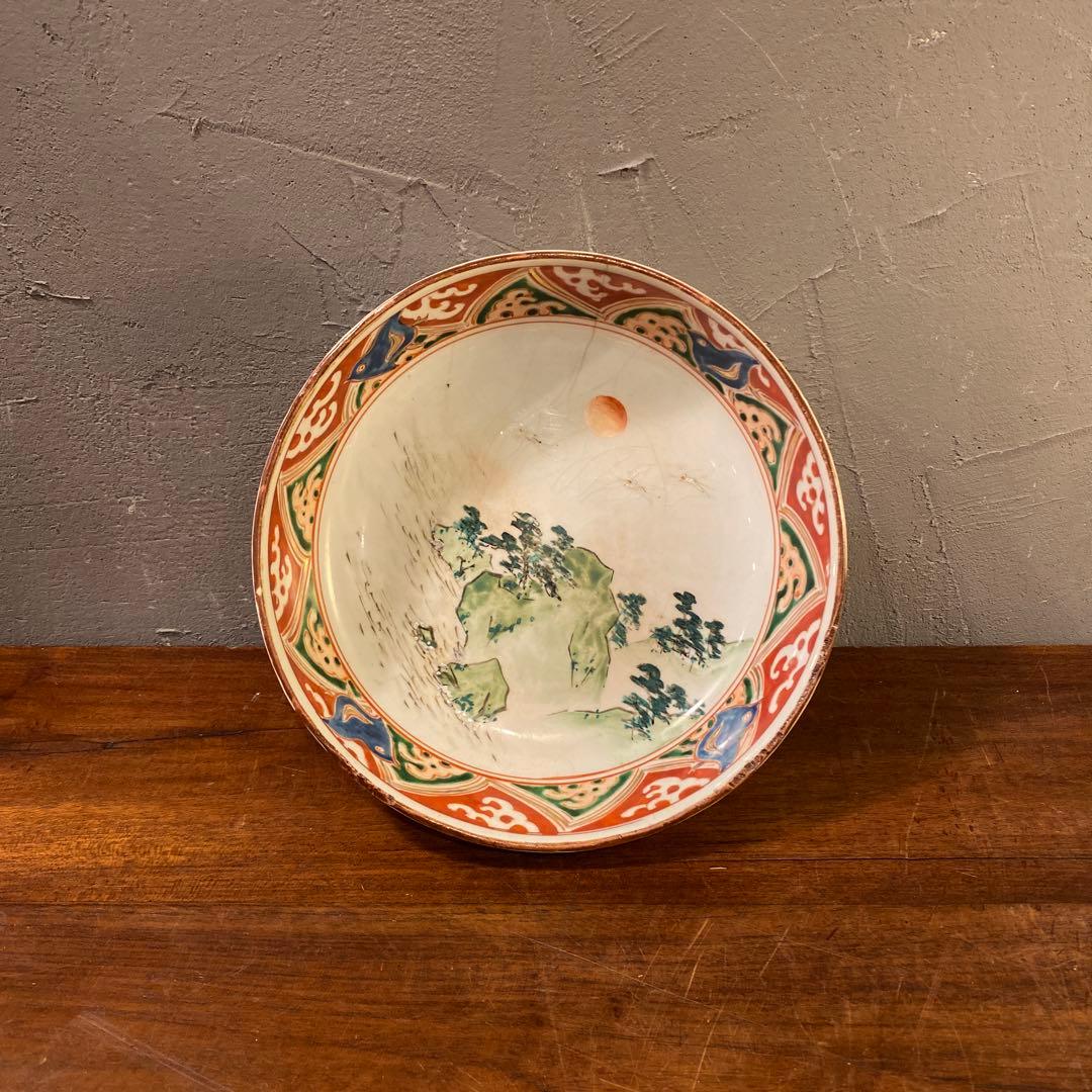 時代物 骨董品 九谷焼 21.5cm鉢 赤絵 皿 器 コレクション 稀少