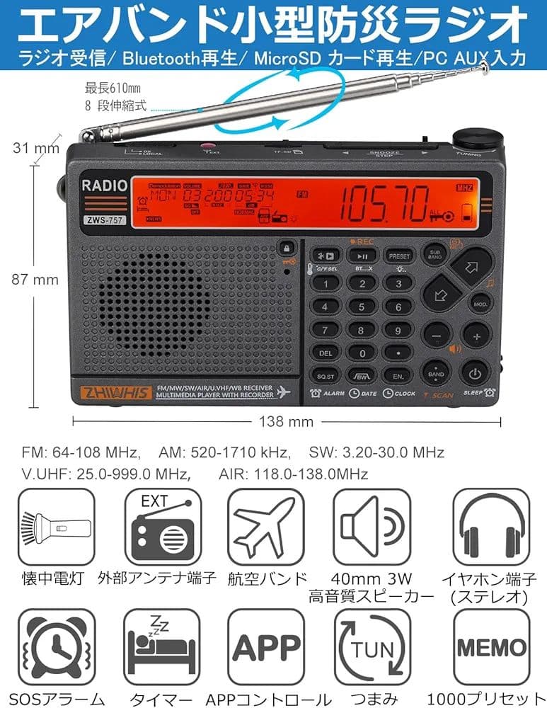 ZHIWHIS　高性能マルチバンドラジオ エアバンド受信機　ZWS-757