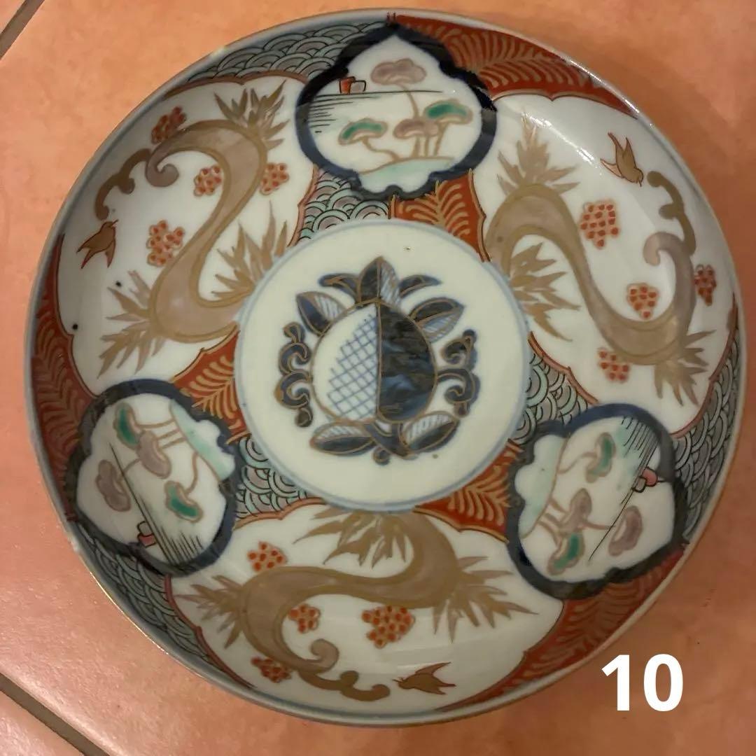 【美品】 古伊万里 中皿 10客 金蘭手 見込桃 角冨印 時代物 アンティーク