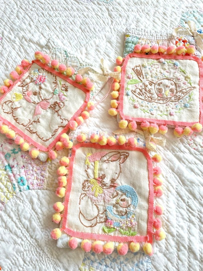 アンティークキルト＆アニマル刺繍タペストリー3点·͜· ♡