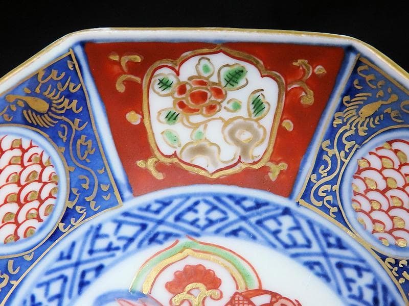 大聖寺伊万里　金襴手　描分　花に青海波八角４寸皿　４枚　C865AS-CEr