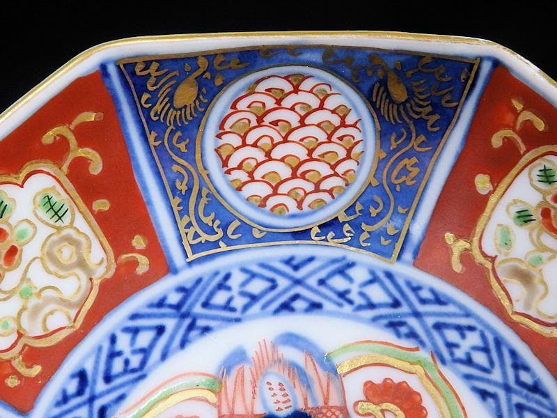 大聖寺伊万里　金襴手　描分　花に青海波八角４寸皿　４枚　C865AS-CEr