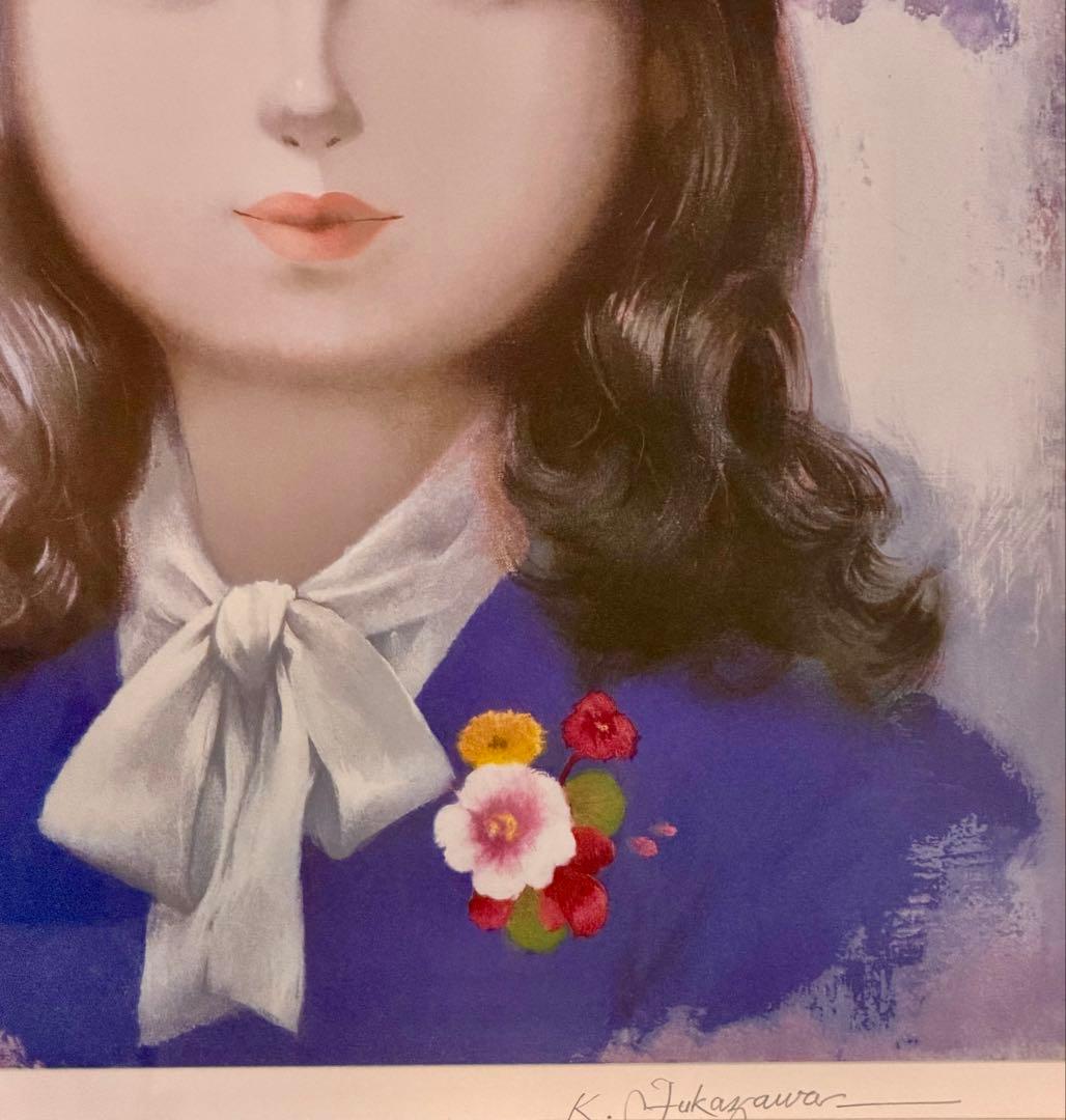 深沢邦朗「紫色の帽子」美人画 版画 額装 共箱付 女性像 インテリア #266