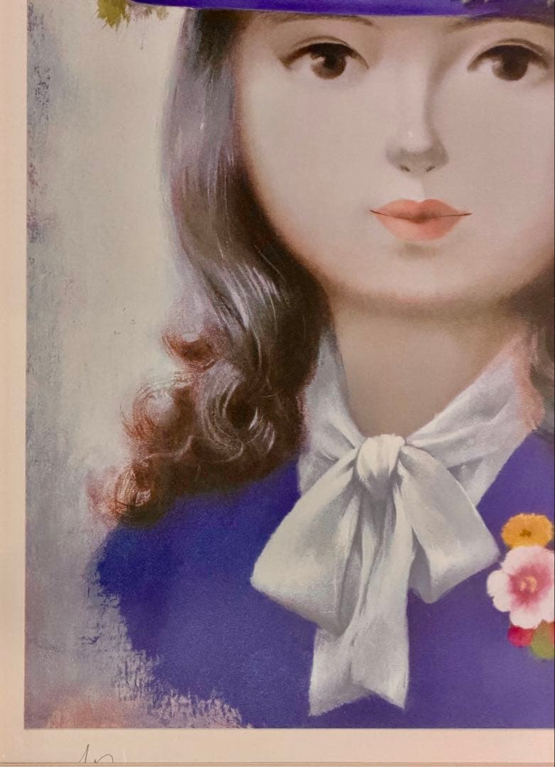 深沢邦朗「紫色の帽子」美人画 版画 額装 共箱付 女性像 インテリア #266