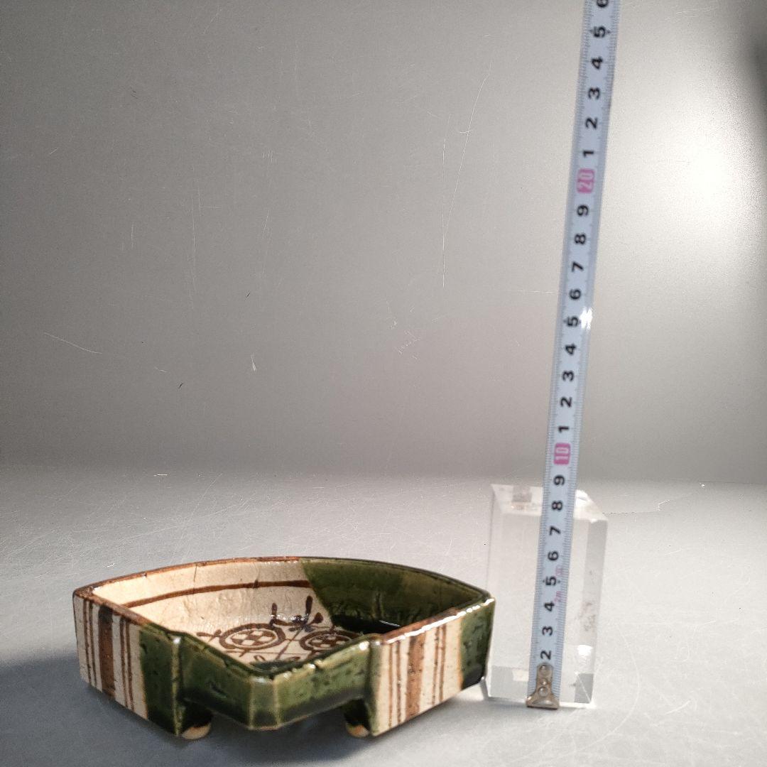 A1290-11/織部焼/山口茂 造/織部釉鉄絵扇面向附5客/共箱/懐石道具/