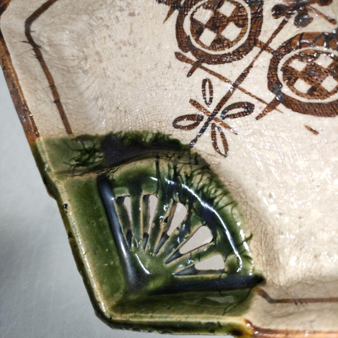 A1290-11/織部焼/山口茂 造/織部釉鉄絵扇面向附5客/共箱/懐石道具/