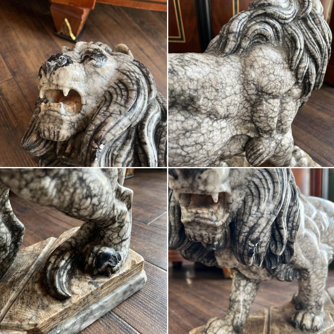 k249r124 百獣の王ライオンの大理石彫刻 オブジェ 威厳と重厚感のある逸品