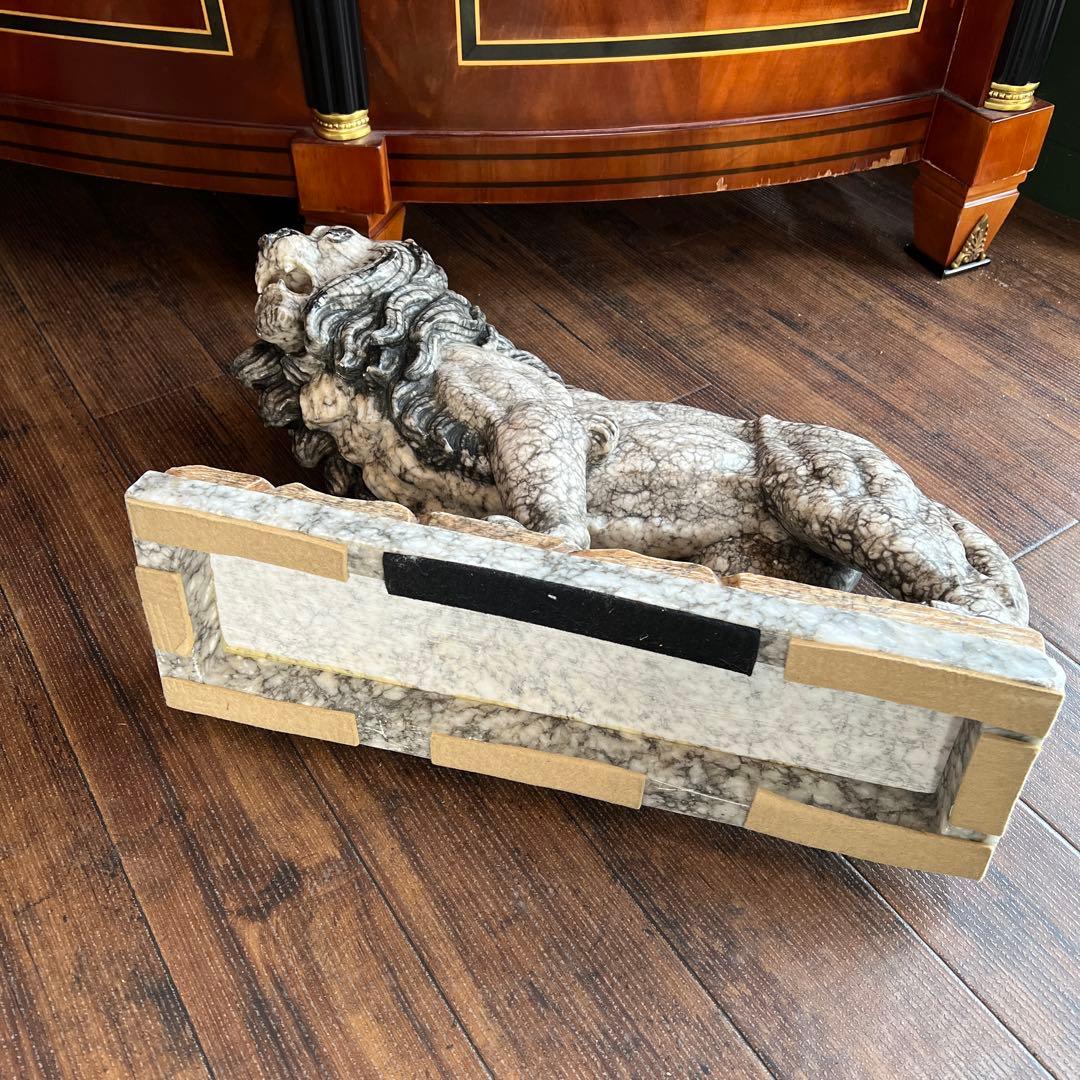 k249r124 百獣の王ライオンの大理石彫刻 オブジェ 威厳と重厚感のある逸品